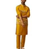 Men mustard silk 3-piece nehru jacket set - premium thread embroidered complete ensemble
