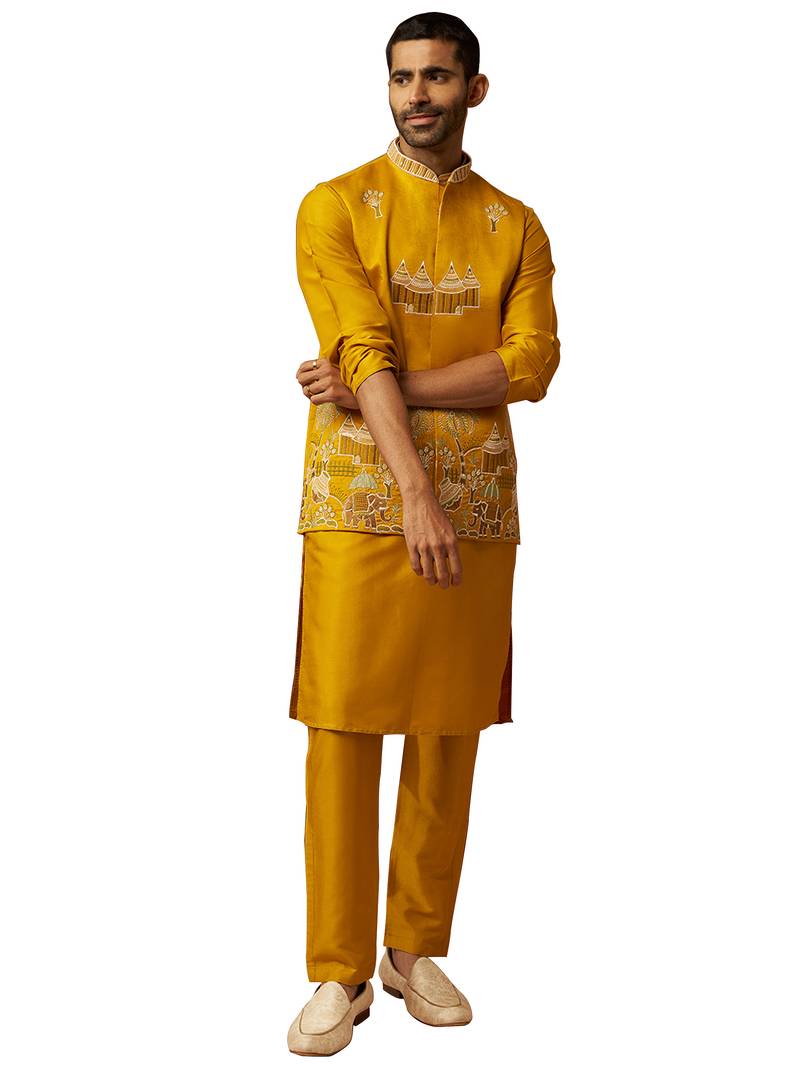 Men mustard silk 3-piece nehru jacket set - premium thread embroidered complete ensemble