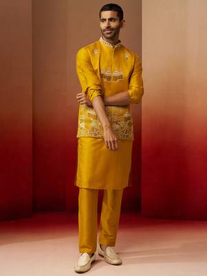 Men mustard silk 3-piece nehru jacket set - premium thread embroidered complete ensemble 2