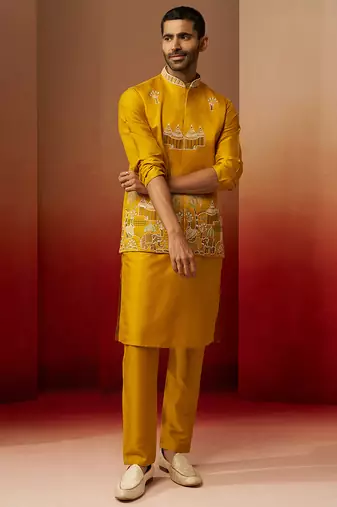Men mustard silk 3-piece nehru jacket set - premium thread embroidered complete ensemble
