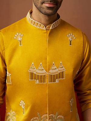 Men mustard silk 3-piece nehru jacket set - premium thread embroidered complete ensemble 3