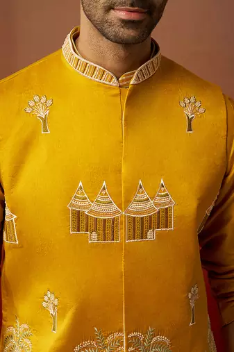 Men mustard silk 3-piece nehru jacket set - premium thread embroidered complete ensemble