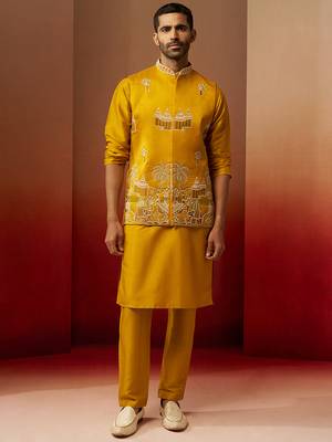 Men mustard silk 3-piece nehru jacket set - premium thread embroidered complete ensemble 4