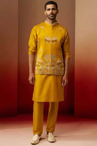 Men mustard silk 3-piece nehru jacket set - premium thread embroidered complete ensemble