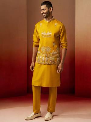 Men mustard silk 3-piece nehru jacket set - premium thread embroidered complete ensemble 5