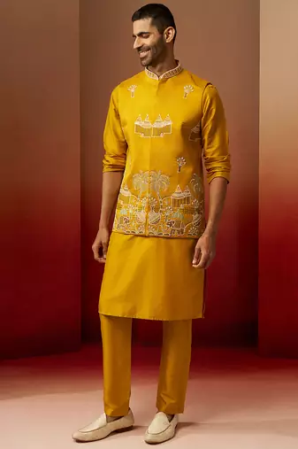 Men mustard silk 3-piece nehru jacket set - premium thread embroidered complete ensemble