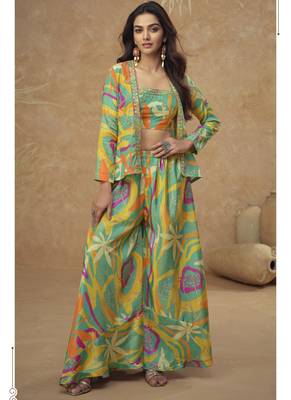Multicolor chinon silk digital print western style Palazzo suit 1