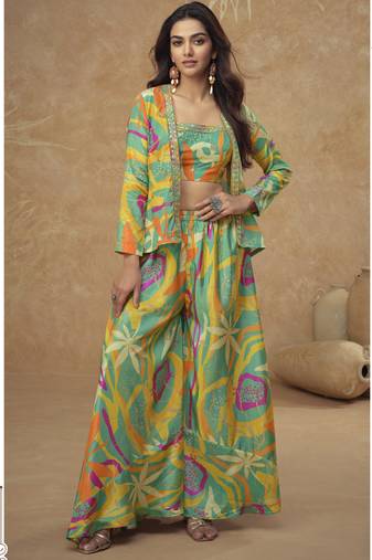 Multicolor chinon silk digital print western style plazzo suit