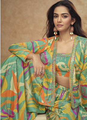 Multicolor chinon silk digital print western style Palazzo suit 2