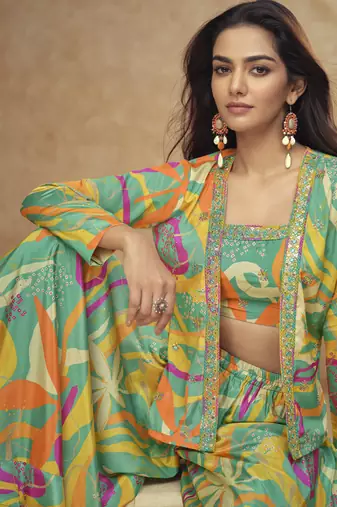 Multicolor chinon silk digital print western style Palazzo suit