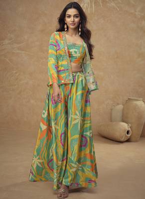 Multicolor chinon silk digital print western style Palazzo suit 3