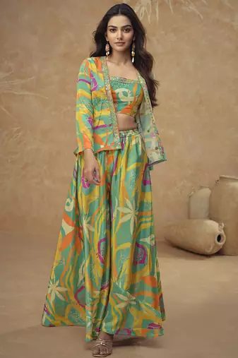 Multicolor chinon silk digital print western style Palazzo suit
