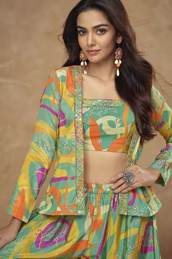 Multicolor chinon silk digital print western style Palazzo suit