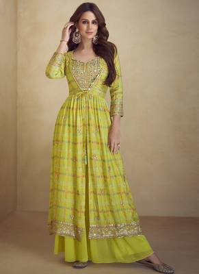 Yellow chinon silk digital print western style Palazzo suit 1