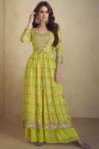 Yellow chinon silk digital print western style plazzo suit