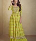 Yellow chinon silk digital print western style Palazzo suit