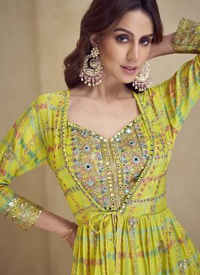 Yellow chinon silk digital print western style Palazzo suit 2