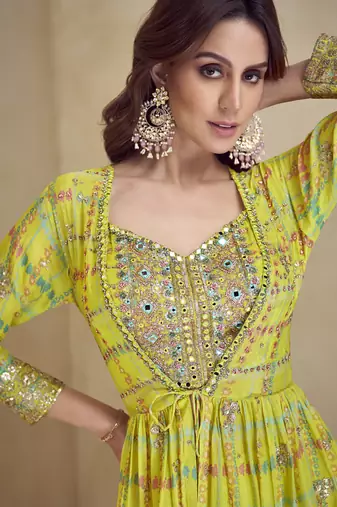 Yellow chinon silk digital print western style Palazzo suit