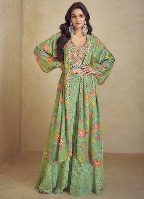 Sea green chinon silk digital print western style Palazzo suit 1