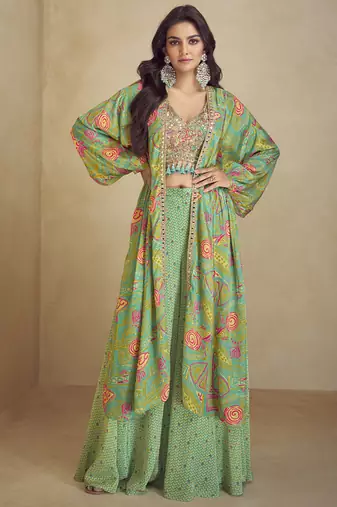 Sea green chinon silk digital print western style plazzo suit