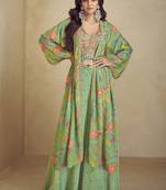 Sea green chinon silk digital print western style Palazzo suit