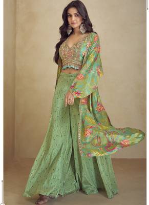 Sea green chinon silk digital print western style Palazzo suit 2