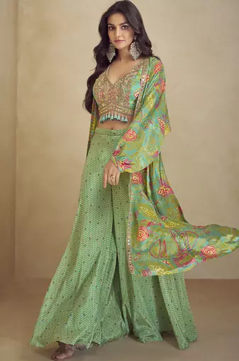 Sea green chinon silk digital print western style Palazzo suit