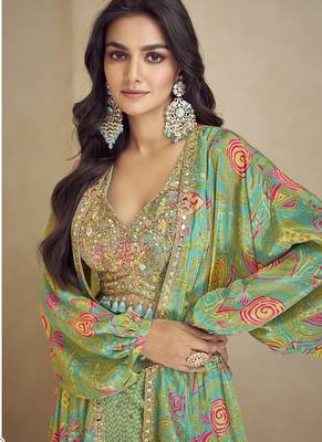 Sea green chinon silk digital print western style Palazzo suit 3
