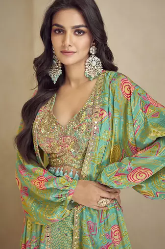 Sea green chinon silk digital print western style Palazzo suit