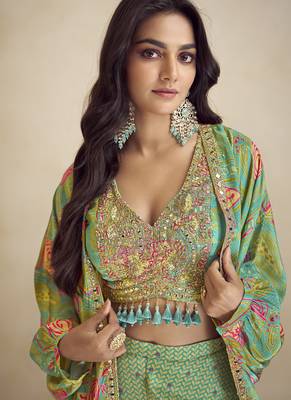 Sea green chinon silk digital print western style Palazzo suit 4