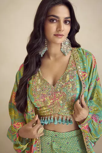 Sea green chinon silk digital print western style Palazzo suit