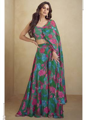 Green chinon silk digital print western style Palazzo suit 1