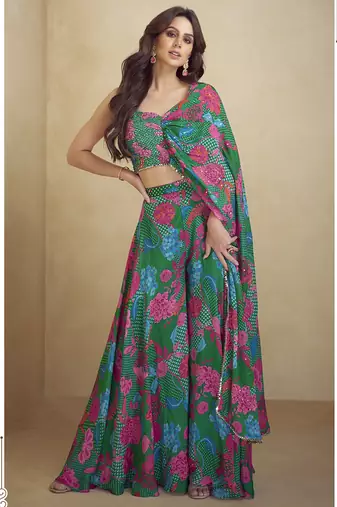 Green chinon silk digital print western style plazzo suit