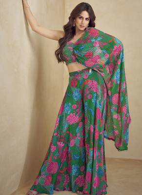 Green chinon silk digital print western style Palazzo suit 2