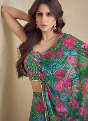 Green chinon silk digital print western style Palazzo suit 3