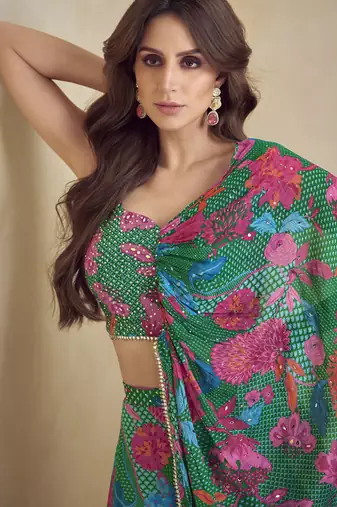 Green chinon silk digital print western style Palazzo suit