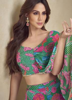 Green chinon silk digital print western style Palazzo suit 4