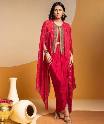 Pink floral printed crepe Dress With Cape 1