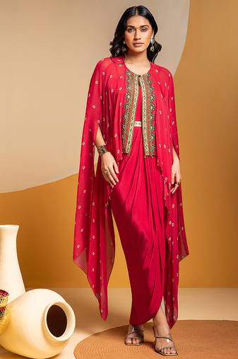 Pink floral printed crepe Dress With Cape