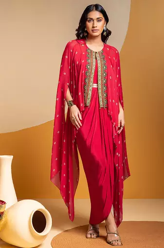 Pink floral printed crepe Dress With Cape