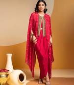 Pink floral printed crepe Dress With Cape