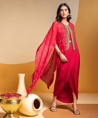 Pink floral printed crepe Dress With Cape 2