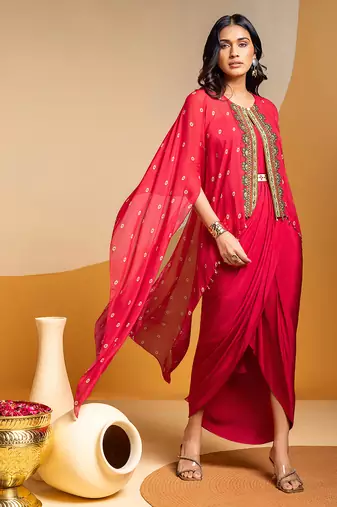 Pink floral printed crepe Dress With Cape