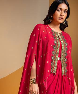Pink floral printed crepe Dress With Cape 3