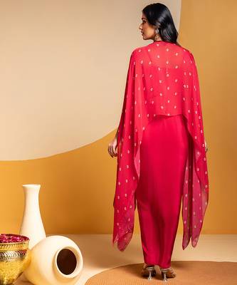 Pink floral printed crepe Dress With Cape 5