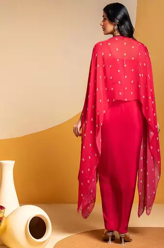 Pink floral printed crepe Dress With Cape