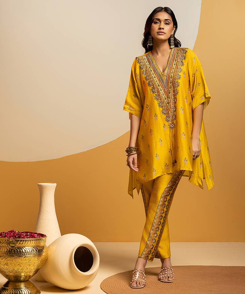 Yellow embroidered chanderi kurta set