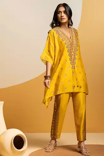 Yellow embroidered chanderi kurta set