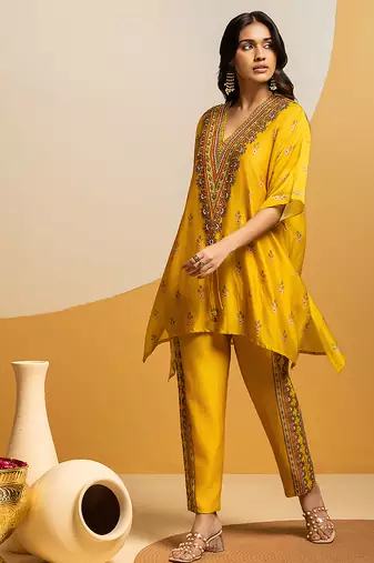 Yellow embroidered chanderi kurta set