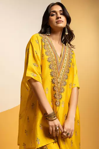 Yellow embroidered chanderi kurta set